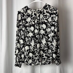J. Crew Black and White Floral Long-Sleeve Blouse